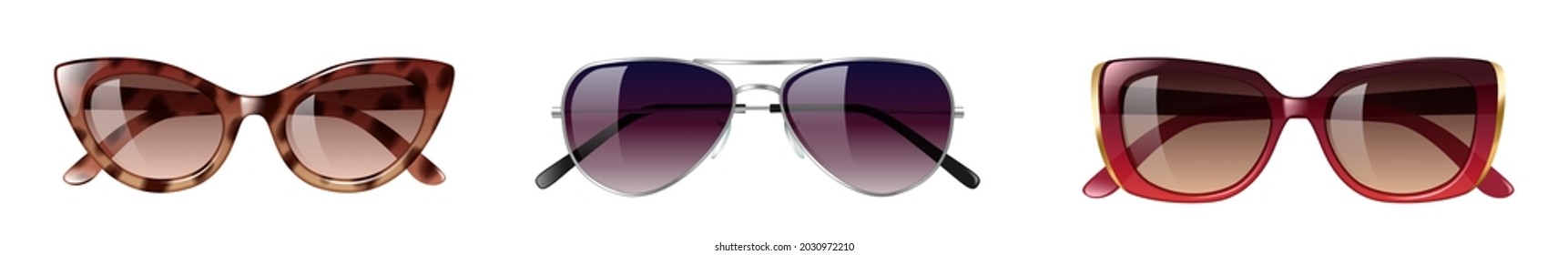 Realistic Sunglasses With Colorful Frames And Glasses Lens. Trendy Eyewear For Summer Sunshine Protection. Female Accessory Collection. 3d Vector Illustration