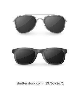 Realistic sunglasses front view. Plastic glasses. Vector illustration isolated on white background