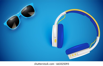Realistic sunglasses and headphone on blue background, vector illustration