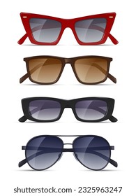 Realistic sunglasses. Modern fashioned tools for eye protection decent vector modern sunglasses