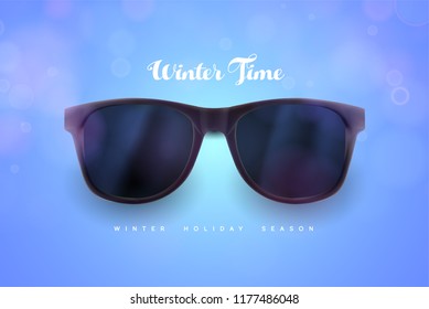 Realistic sunglasses on blue background. Vacations, winter travel design, travel agency. Vector realistic 3d illustration. Fashion accessory design. Winter eyewear concept
