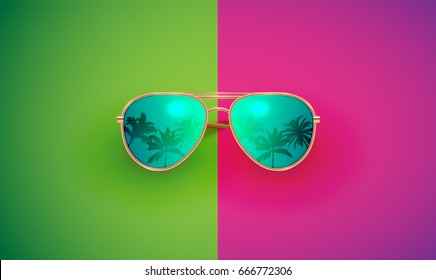 Realistic sunglasses on colourful background, vector illustration