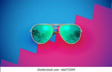 Realistic sunglasses on colourful background, vector illustration