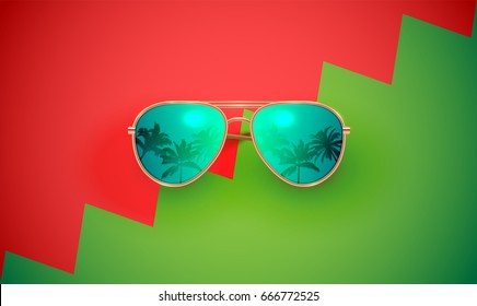Realistic sunglasses on colourful background, vector illustration