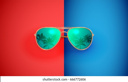 Realistic sunglasses on colourful background, vector illustration