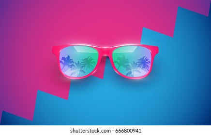 Realistic sunglasses on colourful background, vector illustration