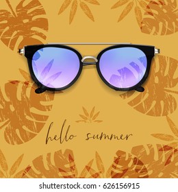 Realistic Sunglasses. Palm leaves background. Hello Summer card. Vector illustration