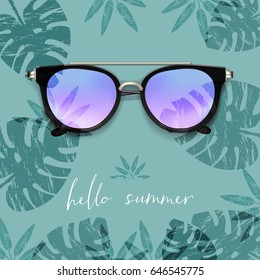 Realistic Sunglasses. Palm leaves background. Hello Summer card. Vector illustration