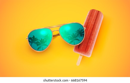 Realistic sunglasses with red ice cream on yellow background, vector illustration