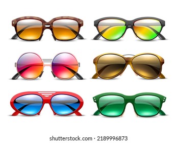 Realistic Sunglasses. Tinted Eyewear In Colored Plastic Frames, Bright Darkened Lenses, Summer Optics, Sun Eye Protection, Fashion Accessory Different Form 3d Objects Utter Vector Eyewear Set