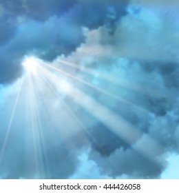 Realistic sunny rays lens flares on background of accumulation of clouds in blue white colors vector illustration