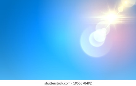 Realistic sunny sky with explosive flare effect on blue background. natural vector illustration