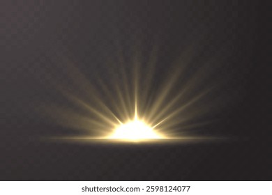 Realistic sunrise isolated on transparent background. Bright sun rays. Warm light flare effect. Sunset on horizon. Vector illustration
