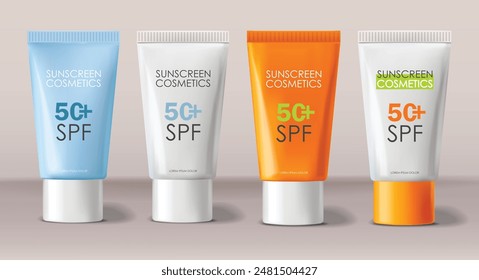 Realistic sunscreen bottle cosmetics, isolated product, packaging mockup, pastel background, vector