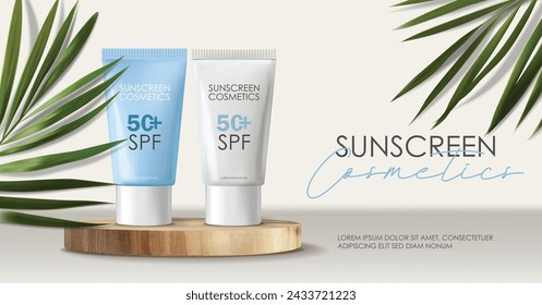 Conjunto de cosméticos de botella de protector solar realista, diseño tropical, vector de cosméticos SPF, maqueta de embalaje, fondo de escena 3d