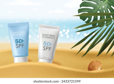 Conjunto de cosméticos de botella de protector solar realista, diseño tropical, vector de cosméticos SPF, maqueta de embalaje, fondo de escena 3d