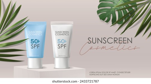 Conjunto de cosméticos de botella de protector solar realista, diseño tropical, vector de cosméticos SPF, maqueta de embalaje, fondo de escena 3d