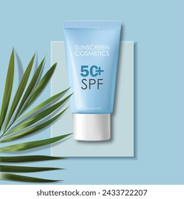 Realistic sunscreen bottle cosmetics set, tropical design, SPF cosmetics vector, packaging mockup, 3d scene background