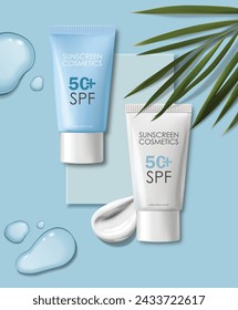 Conjunto de cosméticos de botella de protector solar realista, diseño tropical, vector de cosméticos SPF, maqueta de embalaje, fondo de escena 3d