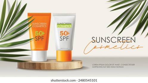 Conjunto de cosméticos de botella de protector solar realista, diseño tropical, Vector de cosméticos SPF, maqueta de embalaje, fondo de escena 3d