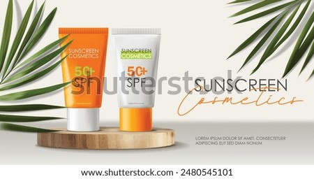 Realistic sunscreen bottle cosmetics set, tropical design, SPF cosmetics vector, packaging mockup, 3d scene background