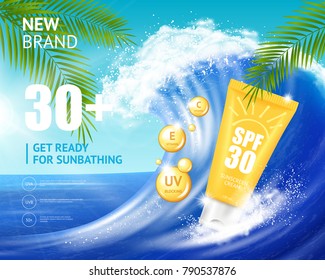 Realistic sunscreen cosmetics in orange plastic packaging on sea wave background, advertising poster with seascape vector illustration