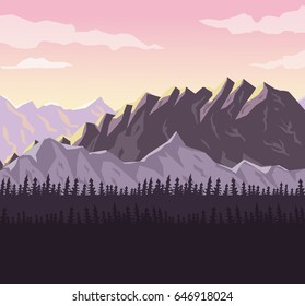realistic sunset landscape background of snowy mountains