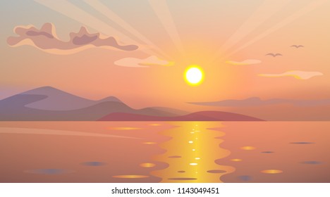 realistic sunset sea landscape. clouds and mountains