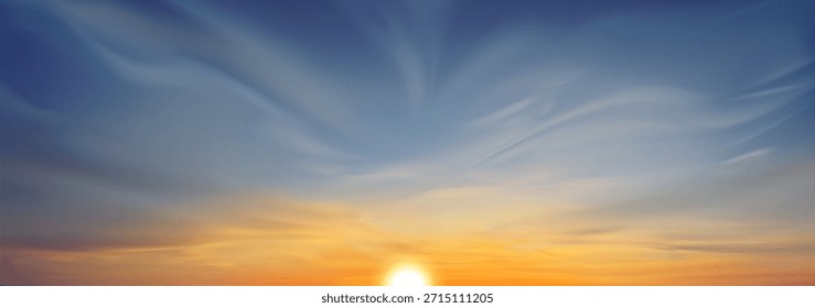 Realistic sunset sky with clouds, sun going down on horizon. Vector illustration of beautiful natural background, dramatic sunrise above sea or field, beautiful yellow blue gradient, heavenly skyline