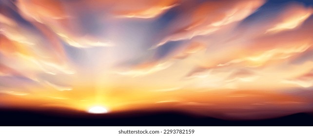 Realistic sunset sky with clouds. Vector illustration of sun going down on horizon, beautiful heavenly orange and pink cloudscape, golden hour. Magic sunlight above ground. End of day, aging symbol