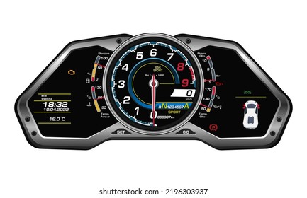 Control del medidor de velocidad del tablero de mandos de supercoches realista en la ilustración del vector de fondo blanco.