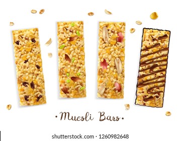 Realistic superfood muesli bars composition with set of four rectangular bars with different toppings and text vector illustration