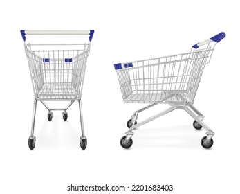 Realistic supermarket trolley. 3d empty pushcart supermarket retail, shopper trolly cart render shopping metal steel basket for grocery product consumer vector illustration of cart empty to market