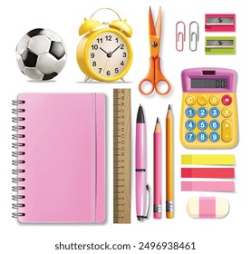 Realistic supplies isolated set, back to school background. Vector. Colorful school supplies, vector illustration. Stationery