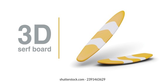 Realistic surfboard in different positions. Equipment for summer recreation on sea, ocean coast. Yellow white board with shadows. Vector modern illustration