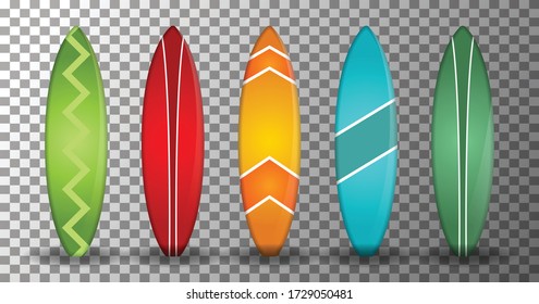 vector realista de tabla de surf con varias formas y colores sobre un fondo transparente. diseño vectorial aislado