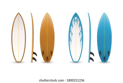 Realistic surfboards set. Sea extreme sport. 3d Vector illustration