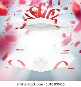 Realistic Surprise Gift Box With Falling Confetti. EPS10 Vector