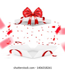 Realistic Surprise Gift Box With Falling Confetti. EPS10 Vector