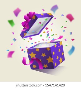 Realistic Surprise Gift Box With Falling Confetti. Vector illustration