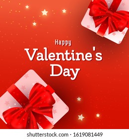 Realistic surprise gift box with hearts balloon a red background. Horizontal banner for article, discount, poster, invitation