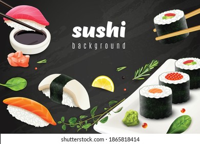 Fondo de sushi realista con símbolos de restaurantes de comida japonesa ilustración vectorial