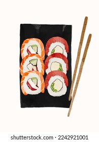 Realistic sushi collection black stone plate. Watercolour sushi. Traditional asian Japanese cuisine. vector illustration