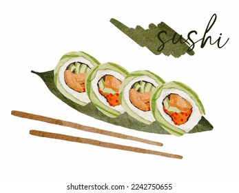  Realistic sushi collection green bamboo leaf plate. Hand drawn sushi. Traditional asian Japanese cuisine. vector illustration
