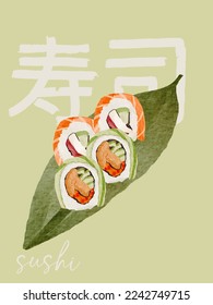 Realistic sushi collection on green bamboo leaf plate. Hand drawn sushi isolated. Traditional asian Japanese food. vector