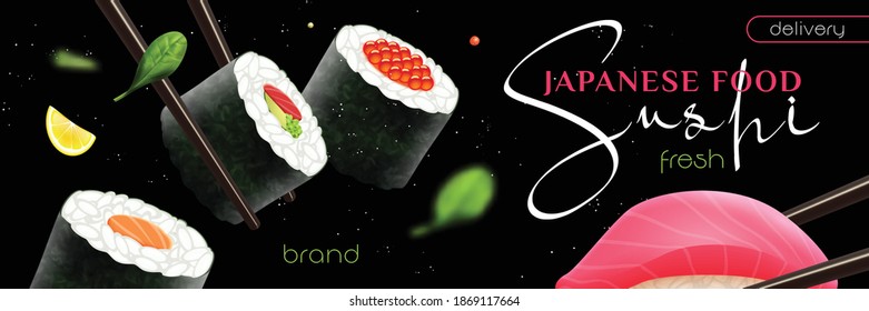 Realistic sushi poster with Japanese food delivery symbols vector illustration