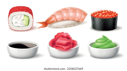 Realistic sushi rolls. Caviar and shrimp rolls, japanese salmon snacks, soy sauce, wasabi, pickled ginger, rice and nori seaweed, 3d isolated elements, asian restaurant menu utter vector set