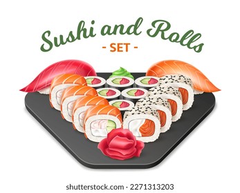 Realistic sushi and rolls. Japanese food composition, serving cold snacks, nori algae with boiled rice and seafood, salmon, shrimp and caviar, wasabi and pickled ginger, utter vector concept