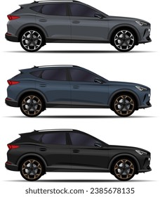 realistic SUV car. Front view; side view; back view.