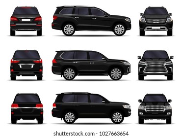 realistic SUV cars set. front view; side view; back view.